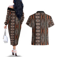 Malo e lelei Tonga Couples Matching Off The Shoulder Long Sleeve Dress and Hawaiian Shirt Tongan Ngatu Vintage Brown - Polynesian Pride