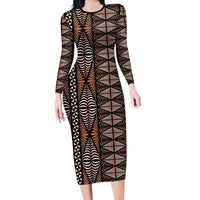 Malo e lelei Tonga Family Matching Long Sleeve Bodycon Dress and Hawaiian Shirt Tongan Ngatu Vintage Brown LT14 Mom's Dress Brown - Polynesian Pride