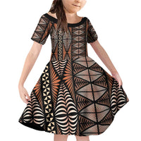 Malo e lelei Tonga Family Matching Off Shoulder Short Dress and Hawaiian Shirt Tongan Ngatu Vintage Brown LT14 Daughter's Dress Brown - Polynesian Pride