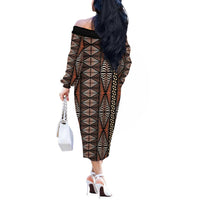 Malo e lelei Tonga Off The Shoulder Long Sleeve Dress Tongan Ngatu Vintage Brown - Polynesian Pride