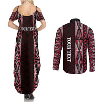 Tonga Rugby Personalised Couples Matching Summer Maxi Dress and Long Sleeve Button Shirt 2025 Mate Maa Tonga Ngatu Motif - Polynesian Pride
