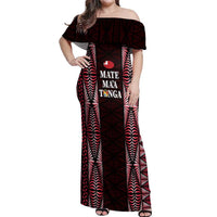 Tonga Rugby Personalised Off Shoulder Maxi Dress 2025 Mate Maa Tonga Ngatu Motif LT14 Women Red - Polynesian Pride