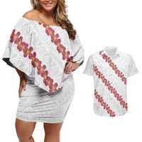 White Sunday Tonga Fakame Couples Matching Off Shoulder Short Dress and Hawaiian Shirt Tongan Ngatu Heilala Lei LT14 White - Polynesian Pride