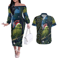 New Zealand Christmas Couples Matching Off The Shoulder Long Sleeve Dress and Hawaiian Shirt Cute Kakapo Meri Kirihimete Maori Koru LT14 Blue - Polynesian Pride