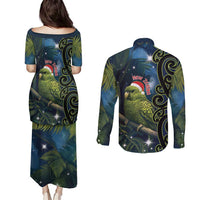 New Zealand Christmas Couples Matching Puletasi and Long Sleeve Button Shirt Cute Kakapo Meri Kirihimete Maori Koru LT14 - Polynesian Pride
