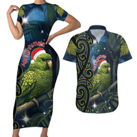 New Zealand Christmas Couples Matching Short Sleeve Bodycon Dress and Hawaiian Shirt Cute Kakapo Meri Kirihimete Maori Koru LT14 Blue - Polynesian Pride