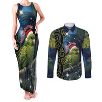 New Zealand Christmas Couples Matching Tank Maxi Dress and Long Sleeve Button Shirt Cute Kakapo Meri Kirihimete Maori Koru LT14 Blue - Polynesian Pride