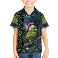 New Zealand Christmas Family Matching Long Sleeve Bodycon Dress and Hawaiian Shirt Cute Kakapo Meri Kirihimete Maori Koru LT14 Son's Shirt Blue - Polynesian Pride