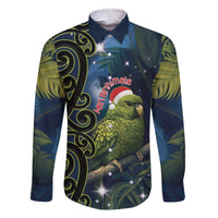 New Zealand Christmas Family Matching Off The Shoulder Long Sleeve Dress and Hawaiian Shirt Cute Kakapo Meri Kirihimete Maori Koru LT14 Dad's Shirt - Long Sleeve Blue - Polynesian Pride