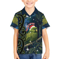 New Zealand Christmas Family Matching Off The Shoulder Long Sleeve Dress and Hawaiian Shirt Cute Kakapo Meri Kirihimete Maori Koru LT14 Son's Shirt Blue - Polynesian Pride