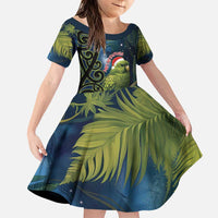 New Zealand Christmas Family Matching Puletasi and Hawaiian Shirt Cute Kakapo Meri Kirihimete Maori Koru LT14 Daughter's Dress Blue - Polynesian Pride