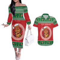 Personalized Hawaii Christmas Couples Matching Off The Shoulder Long Sleeve Dress and Hawaiian Shirt Tiki Santa Mele Kalikimaka LT14 Red - Polynesian Pride