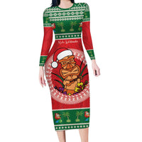 Personalized Hawaii Christmas Family Matching Long Sleeve Bodycon Dress and Hawaiian Shirt Tiki Santa Mele Kalikimaka LT14 Mom's Dress Red - Polynesian Pride