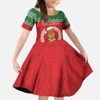 Personalized Hawaii Christmas Family Matching Short Sleeve Bodycon Dress and Hawaiian Shirt Tiki Santa Mele Kalikimaka LT14 Daughter's Dress Red - Polynesian Pride
