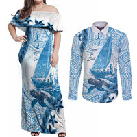 New Zealand Sailing Couples Matching Off Shoulder Maxi Dress and Long Sleeve Button Shirt Aotearoa Yacht Racing - Born To Sail LT14 Blue - Polynesian Pride