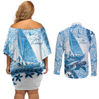 New Zealand Sailing Couples Matching Off Shoulder Short Dress and Long Sleeve Button Shirt Aotearoa Yacht Racing - Born To Sail LT14 - Polynesian Pride