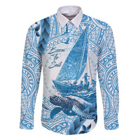New Zealand Sailing Family Matching Off Shoulder Short Dress and Hawaiian Shirt Aotearoa Yacht Racing - Born To Sail LT14 Dad's Shirt - Long Sleeve Blue - Polynesian Pride