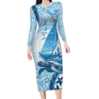 New Zealand Sailing Long Sleeve Bodycon Dress Aotearoa Yacht Racing - Born To Sail LT14 Long Dress Blue - Polynesian Pride