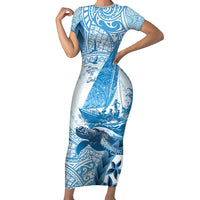 New Zealand Sailing Short Sleeve Bodycon Dress Aotearoa Yacht Racing - Born To Sail LT14 Long Dress Blue - Polynesian Pride