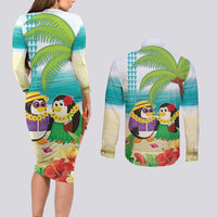 Hawaii Penguin Couple Couples Matching Long Sleeve Bodycon Dress and Long Sleeve Button Shirt Hawaiian Kakau - Tropical Summer Vibes LT14 - Polynesian Pride