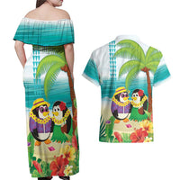 Hawaii Penguin Couple Couples Matching Off Shoulder Maxi Dress and Hawaiian Shirt Hawaiian Kakau - Tropical Summer Vibes LT14 - Polynesian Pride