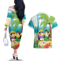 Hawaii Penguin Couple Couples Matching Off The Shoulder Long Sleeve Dress and Hawaiian Shirt Hawaiian Kakau - Tropical Summer Vibes LT14 - Polynesian Pride