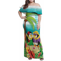 Hawaii Penguin Couple Family Matching Off Shoulder Maxi Dress and Hawaiian Shirt Hawaiian Kakau - Tropical Summer Vibes LT14 Mom's Dress Cyan - Polynesian Pride