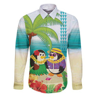 Hawaii Penguin Couple Family Matching Puletasi and Hawaiian Shirt Hawaiian Kakau - Tropical Summer Vibes LT14 Dad's Shirt - Long Sleeve Cyan - Polynesian Pride