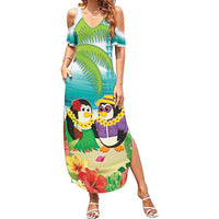 Hawaii Penguin Couple Family Matching Summer Maxi Dress and Hawaiian Shirt Hawaiian Kakau - Tropical Summer Vibes LT14 Mom's Dress Cyan - Polynesian Pride