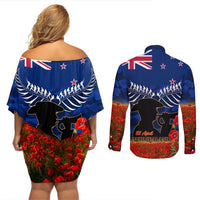 New Zealand ANZAC Day Couples Matching Off Shoulder Short Dress and Long Sleeve Button Shirt 25 April Last Post Camouflage With Poppies LT14 - Polynesian Pride