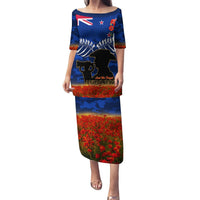 New Zealand ANZAC Day Puletasi 25 April Last Post Camouflage With Poppies LT14 Long Dress Blue - Polynesian Pride