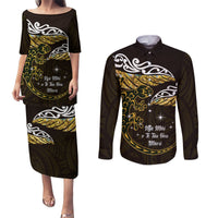 New Zealand Matariki Couples Matching Puletasi and Long Sleeve Button Shirt Maori New Year Silver Fern And Lizard - Gold LT14 Gold - Polynesian Pride