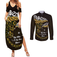 New Zealand Matariki Couples Matching Summer Maxi Dress and Long Sleeve Button Shirt Maori New Year Silver Fern And Lizard - Gold LT14 Gold - Polynesian Pride