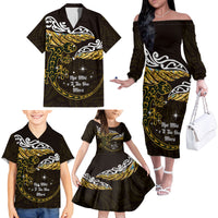New Zealand Matariki Family Matching Off The Shoulder Long Sleeve Dress and Hawaiian Shirt Maori New Year Silver Fern And Lizard - Gold LT14 - Polynesian Pride