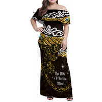 New Zealand Matariki Family Matching Off Shoulder Maxi Dress and Hawaiian Shirt Maori New Year Silver Fern And Lizard - Gold LT14 Mom's Dress Gold - Polynesian Pride