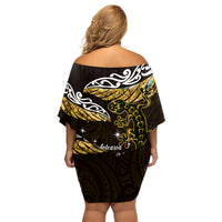 New Zealand Matariki Family Matching Off Shoulder Short Dress and Hawaiian Shirt Maori New Year Silver Fern And Lizard - Gold LT14 - Polynesian Pride
