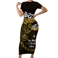 New Zealand Matariki Family Matching Short Sleeve Bodycon Dress and Hawaiian Shirt Maori New Year Silver Fern And Lizard - Gold LT14 Mom's Dress Gold - Polynesian Pride