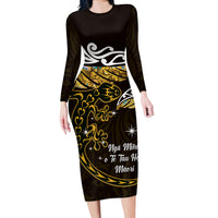 New Zealand Matariki Long Sleeve Bodycon Dress Maori New Year Silver Fern And Lizard - Gold LT14 Long Dress Gold - Polynesian Pride