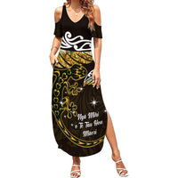 New Zealand Matariki Summer Maxi Dress Maori New Year Silver Fern And Lizard - Gold LT14 Women Gold - Polynesian Pride