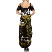 New Zealand Matariki Summer Maxi Dress Maori New Year Silver Fern And Lizard - Gold LT14 - Polynesian Pride