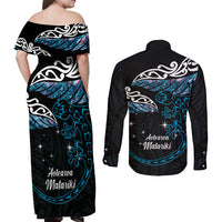 New Zealand Matariki Couples Matching Off Shoulder Maxi Dress and Long Sleeve Button Shirt Maori New Year Silver Fern And Lizard - Turquosie LT14 - Polynesian Pride