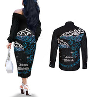 New Zealand Matariki Couples Matching Off The Shoulder Long Sleeve Dress and Long Sleeve Button Shirt Maori New Year Silver Fern And Lizard - Turquosie LT14 - Polynesian Pride