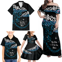 New Zealand Matariki Family Matching Off Shoulder Maxi Dress and Hawaiian Shirt Maori New Year Silver Fern And Lizard - Turquosie LT14 - Polynesian Pride