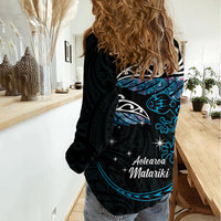 New Zealand Matariki Women Casual Shirt Maori New Year Silver Fern And Lizard - Turquosie LT14 - Polynesian Pride