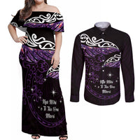 New Zealand Matariki Couples Matching Off Shoulder Maxi Dress and Long Sleeve Button Shirt Maori New Year Silver Fern And Lizard - Purple LT14 Purple - Polynesian Pride