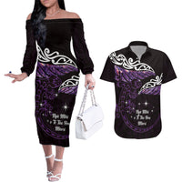 New Zealand Matariki Couples Matching Off The Shoulder Long Sleeve Dress and Hawaiian Shirt Maori New Year Silver Fern And Lizard - Purple LT14 Purple - Polynesian Pride