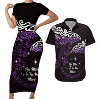 New Zealand Matariki Couples Matching Short Sleeve Bodycon Dress and Hawaiian Shirt Maori New Year Silver Fern And Lizard - Purple LT14 Purple - Polynesian Pride