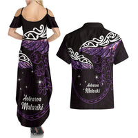 New Zealand Matariki Couples Matching Summer Maxi Dress and Hawaiian Shirt Maori New Year Silver Fern And Lizard - Purple LT14 - Polynesian Pride