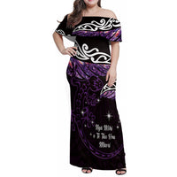 New Zealand Matariki Family Matching Off Shoulder Maxi Dress and Hawaiian Shirt Maori New Year Silver Fern And Lizard - Purple LT14 Mom's Dress Purple - Polynesian Pride