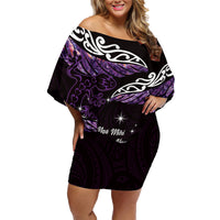 New Zealand Matariki Family Matching Off Shoulder Short Dress and Hawaiian Shirt Maori New Year Silver Fern And Lizard - Purple LT14 Mom's Dress Purple - Polynesian Pride